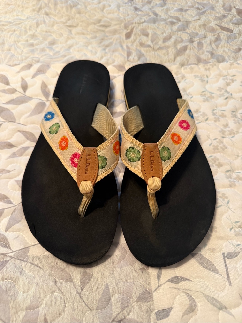 L.L. Bean Black Flip Flops with Embroidered Multicolor Floral Straps